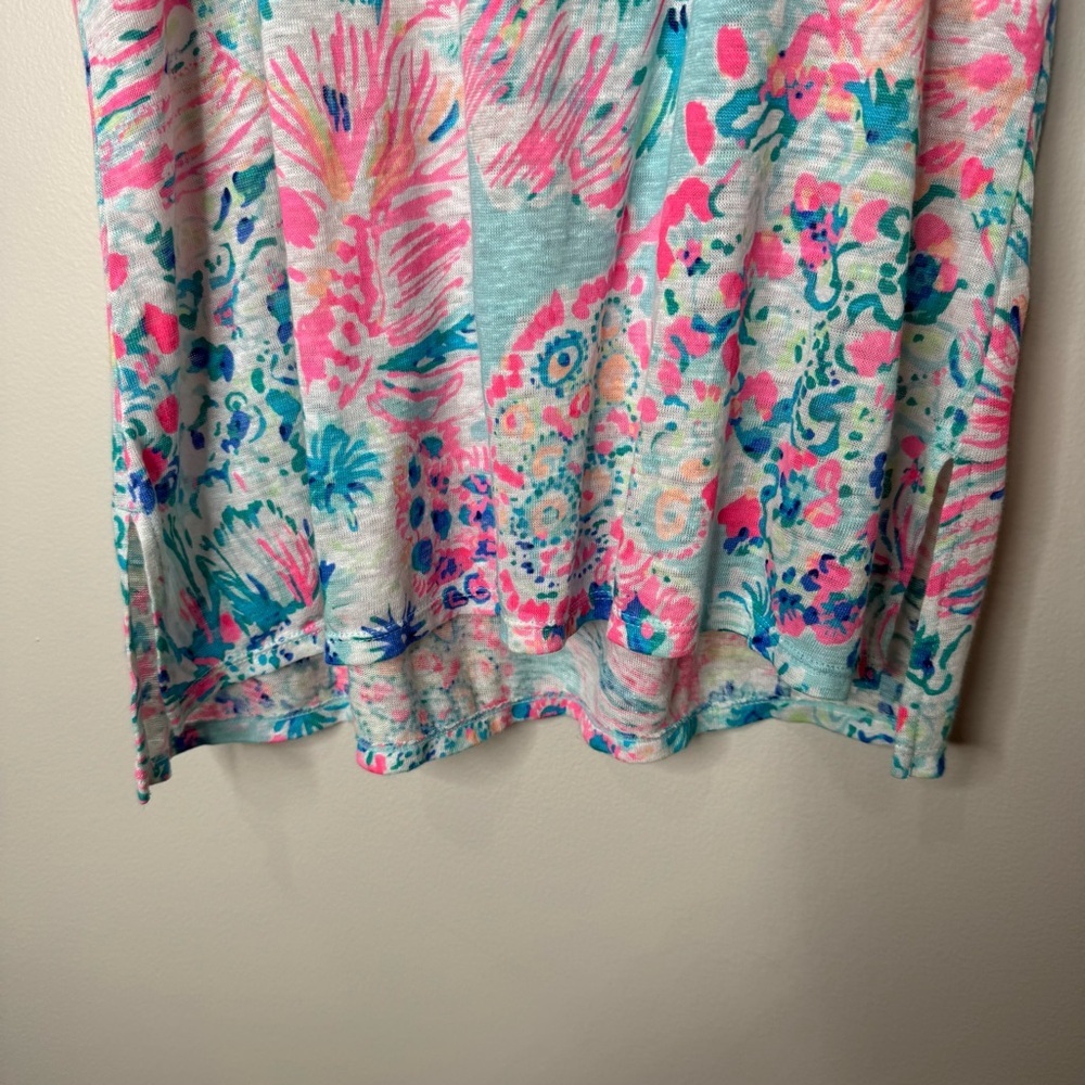Lilly Pulitzer Inara 100% Linen Short Sleeve Top Floral Leaves Serene Blue Sz S - Picture 6 of 9